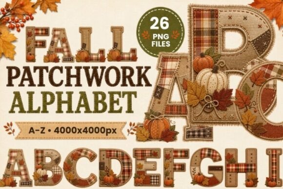 Fall Patchwork Alphabet PNG Bundle: Cozy Autumn Letters