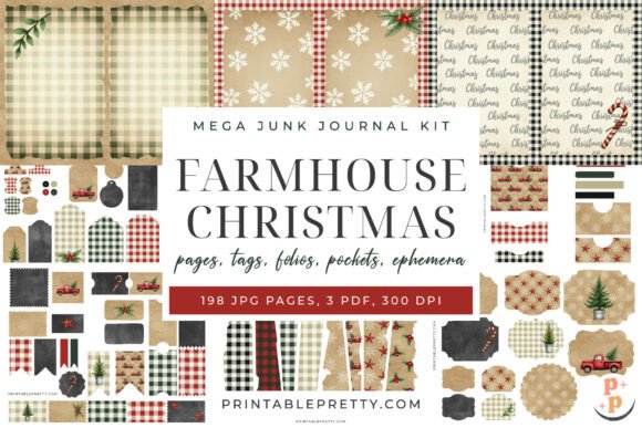 Farmhouse Christmas Junk Journal Kit: 198 Pages of Rustic Holiday Charm