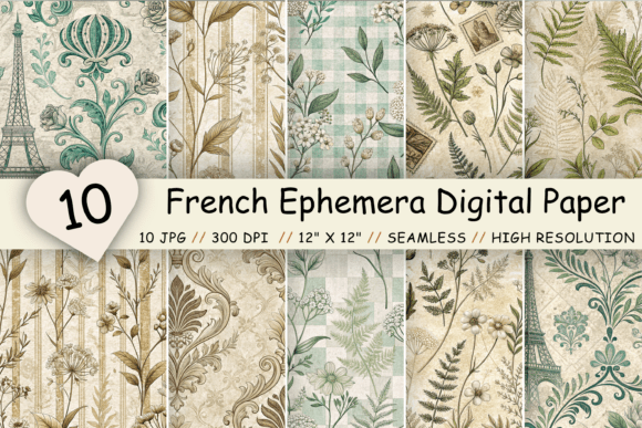 French Ephemera Digital Paper Pack: Your Vintage Botanical Toolkit