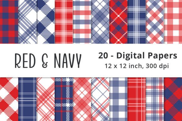 Navy Blue and Red Plaid Digital Patterns for Patriotic Projects